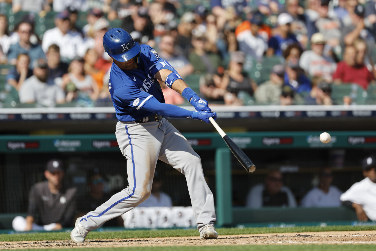 Jul 2, 2022; Detroit, Michigan, USA; Kansas City Royals second baseman Whit Merrifield (15) hits an RBI single in the fourth inning against the Detroit Tigers at Comerica Park. Mandatory Credit: Rick Osentoski-USA TODAY Sports